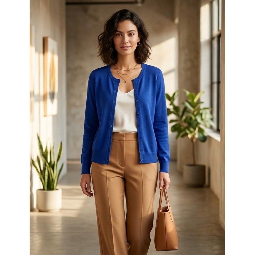 Lands End Cardigan Women 1X Blue Button Front Scoop Neck Knit Classic 2477